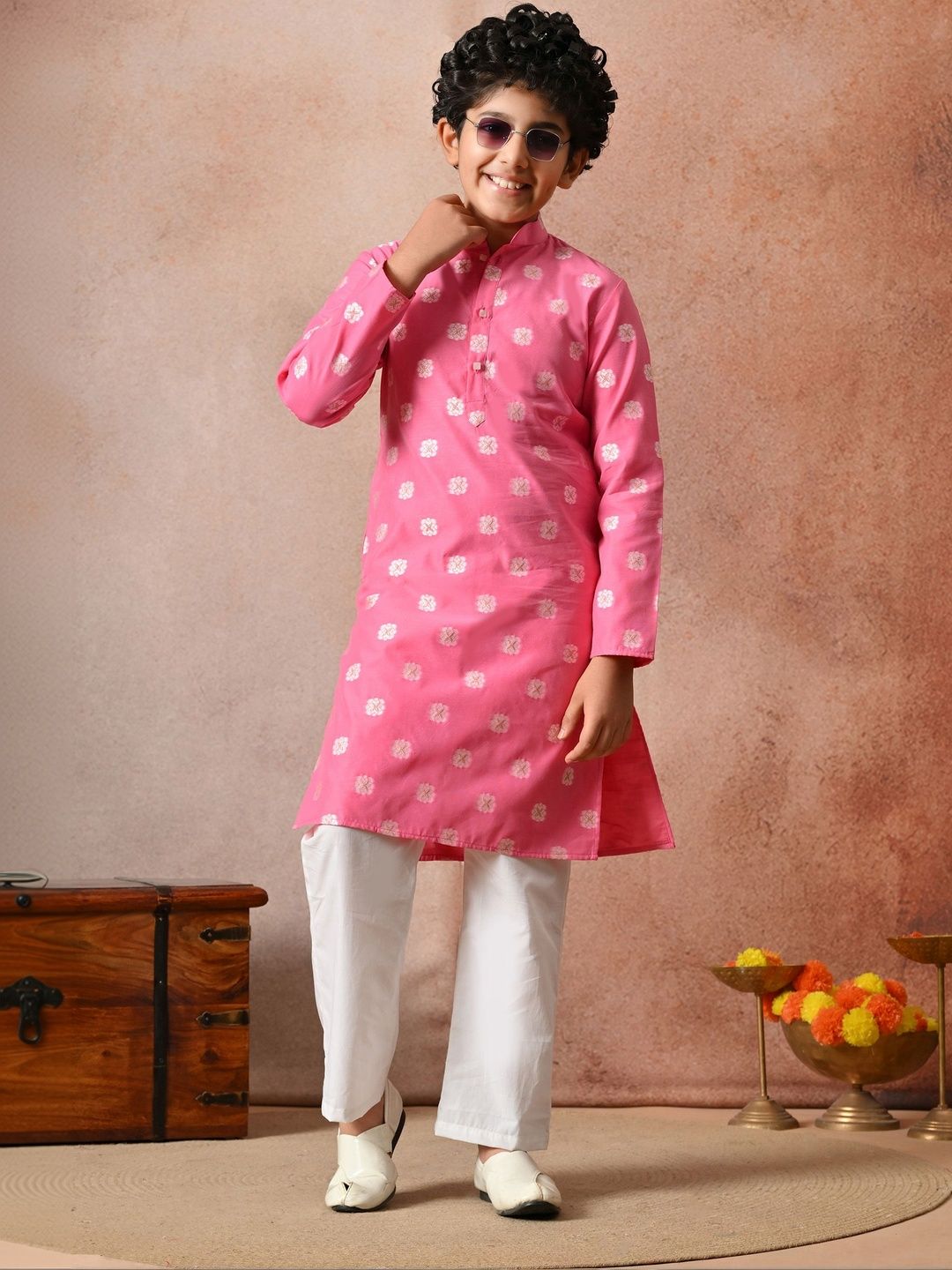 Indi Loom Couture Boys Pink Chanderi Jacquard Blazer Kurta with Pyjama Set ILBKS33