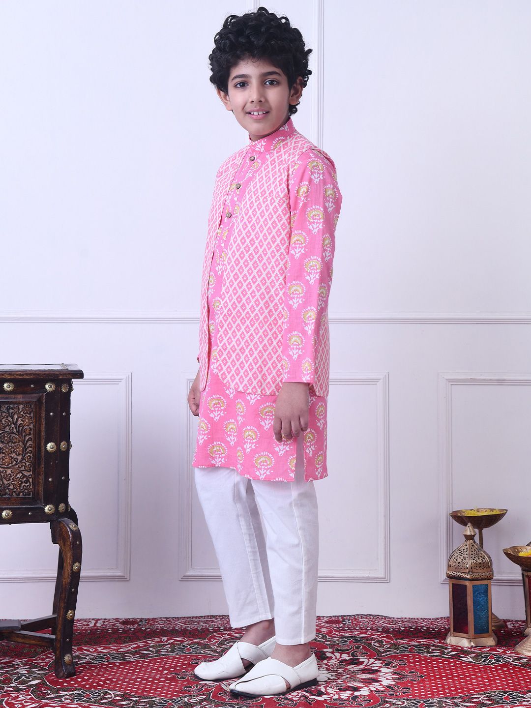 Indi Loom Couture Boys Pink Printed Kurta with Jacket & Pyjama Set ILBKSJ11