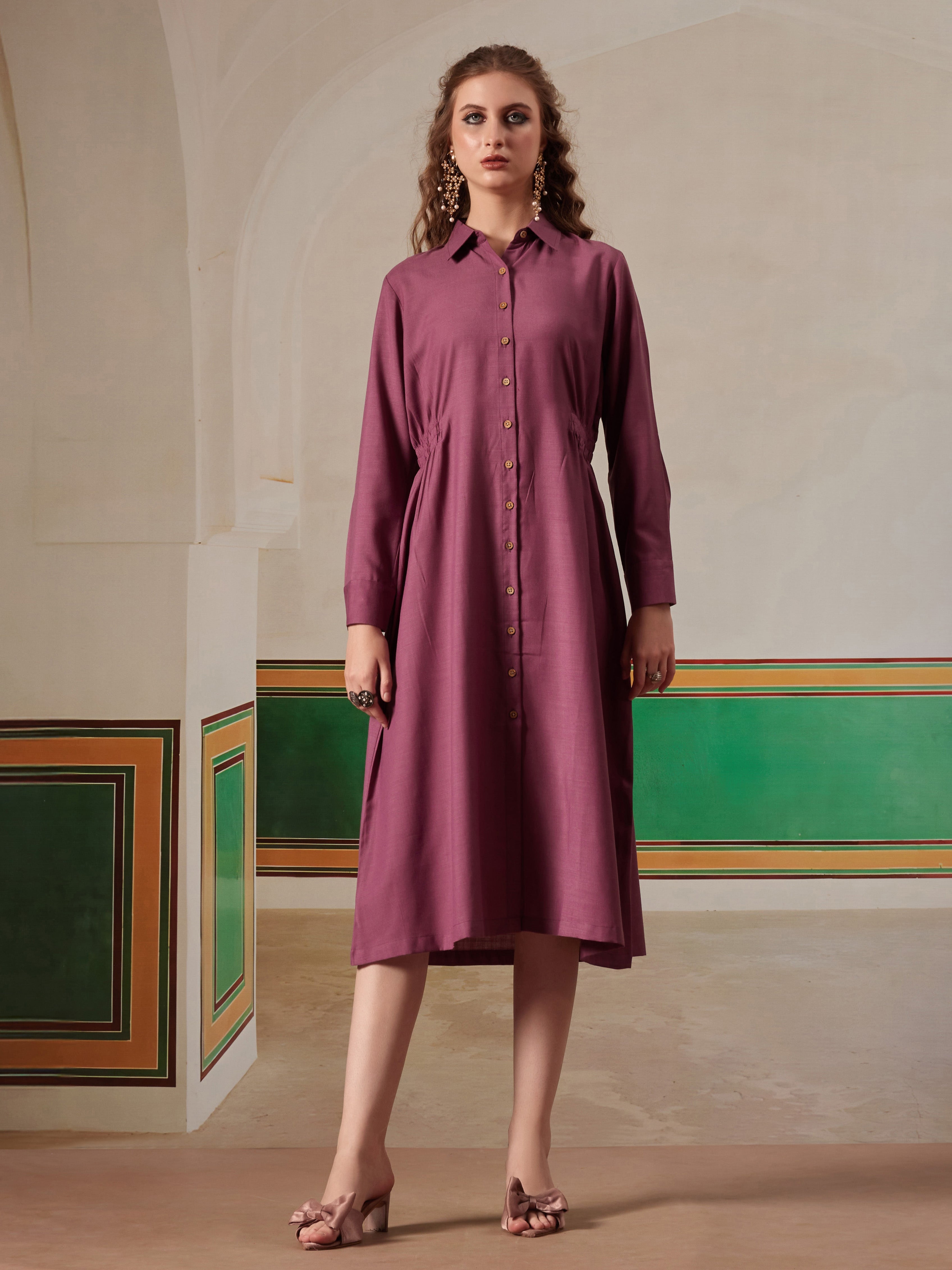 women shirt dress with figure enhancing waist
