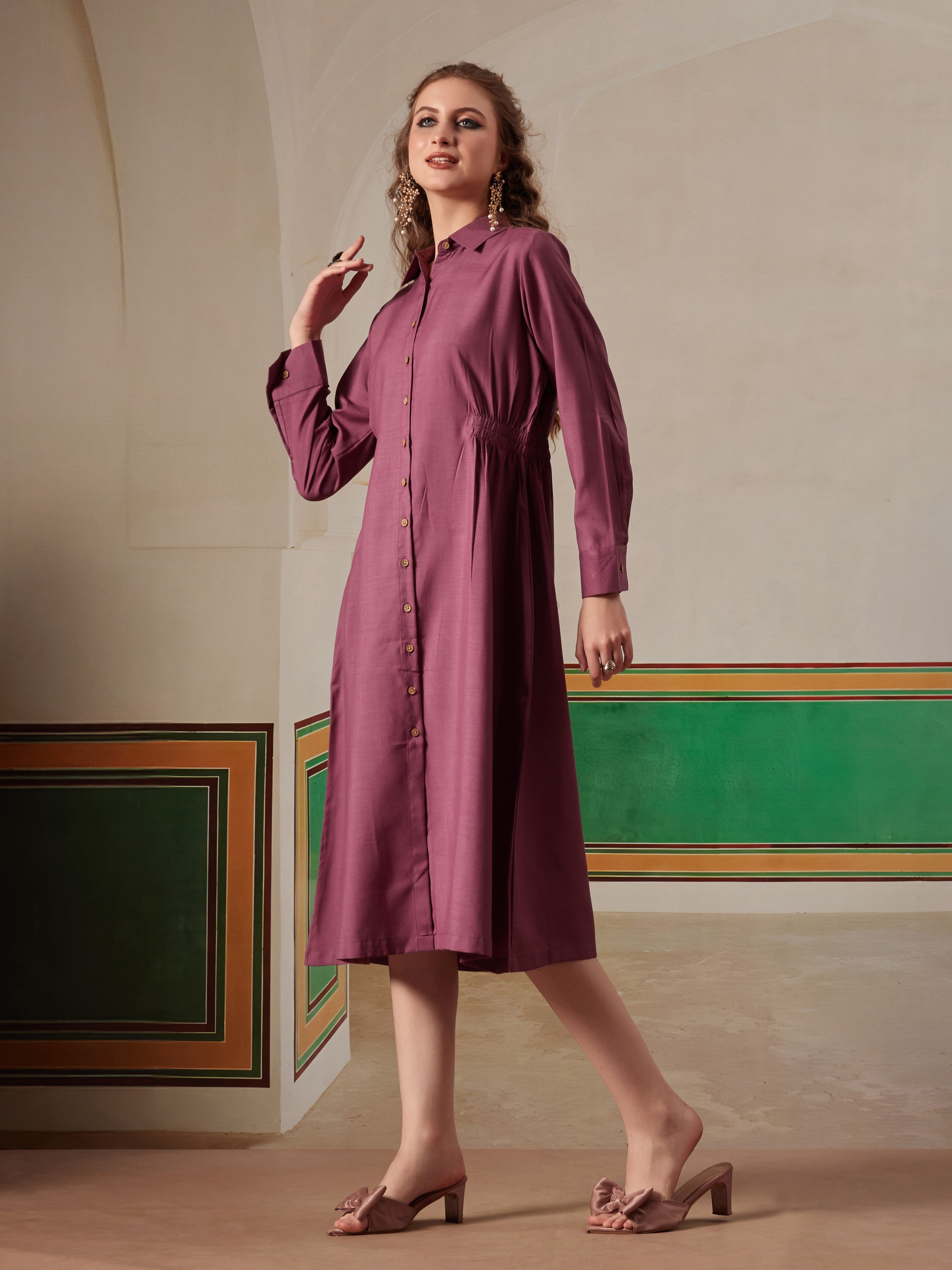 women shirt dress with figure enhancing waist