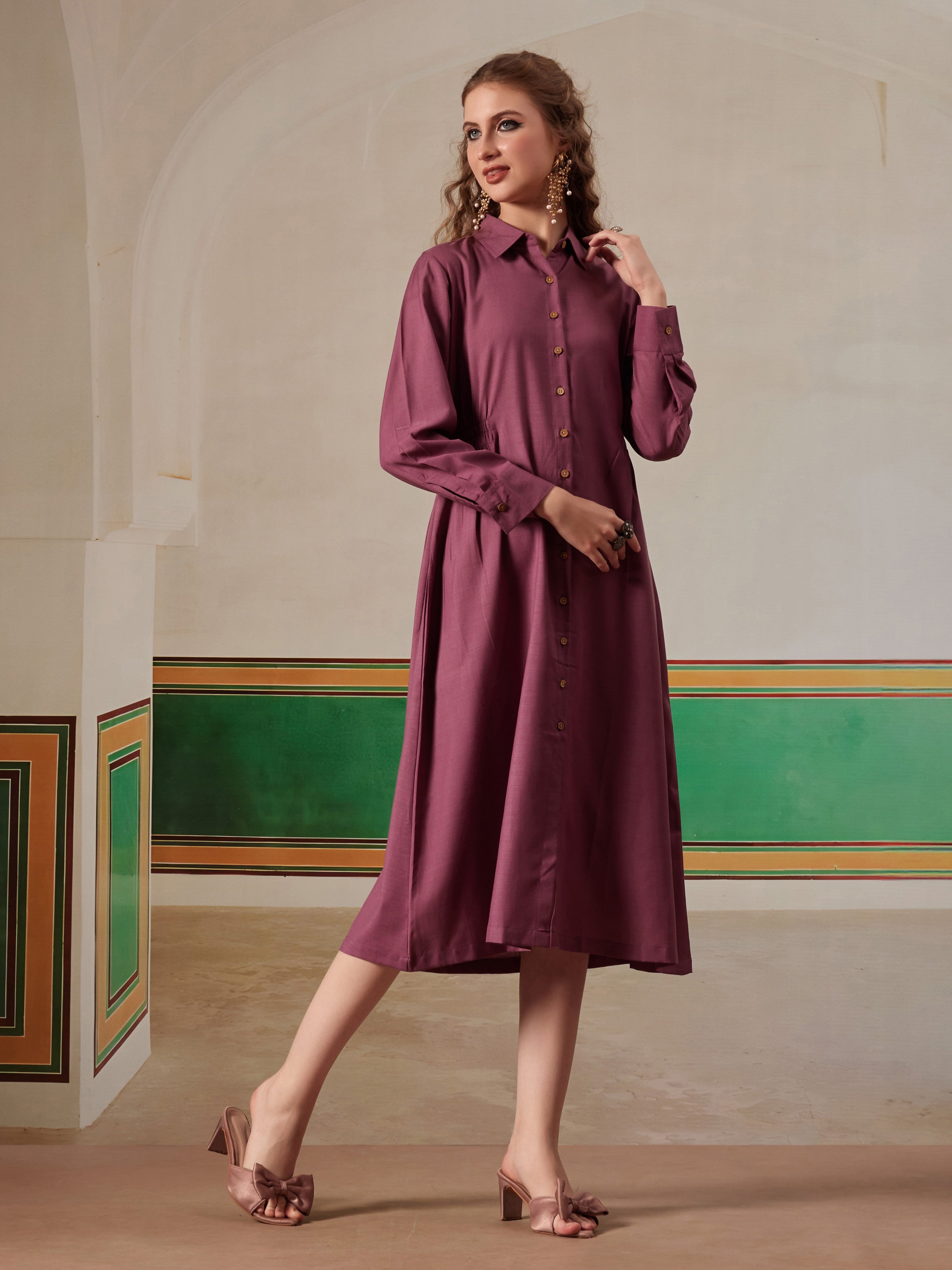women shirt dress with figure enhancing waist