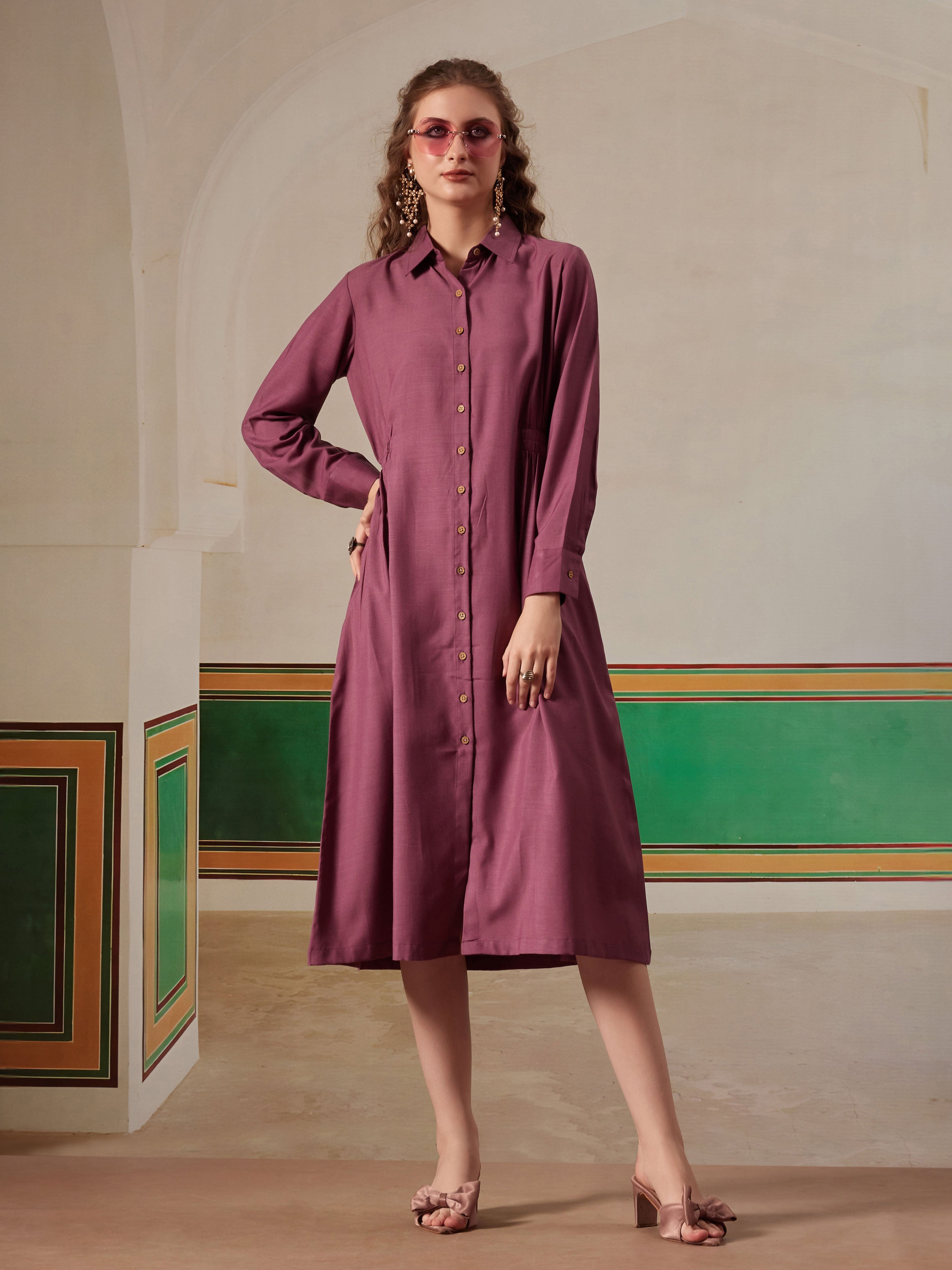 women shirt dress with figure enhancing waist