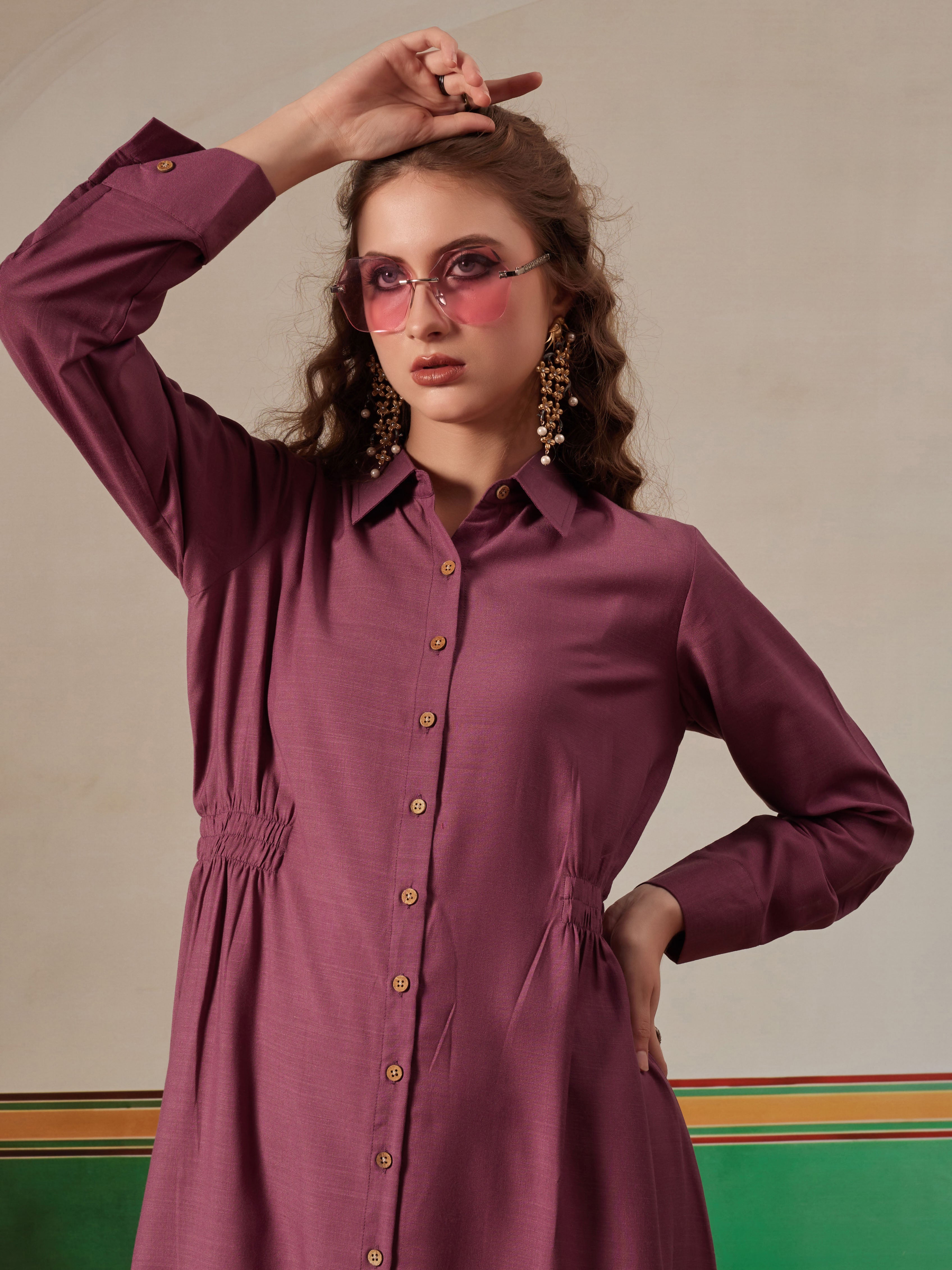 women shirt dress with figure enhancing waist