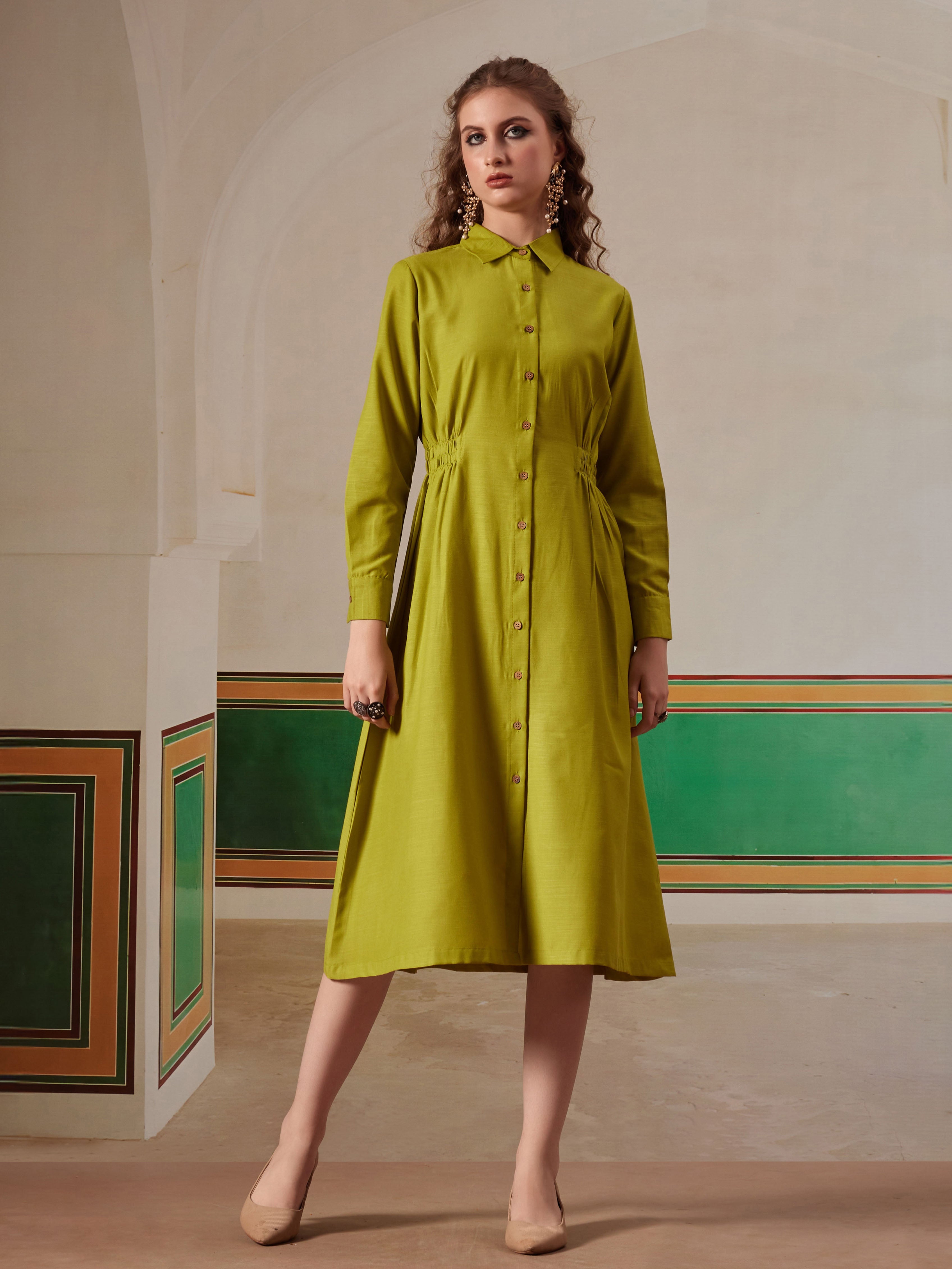 women shirt dress with figure enhancing waist