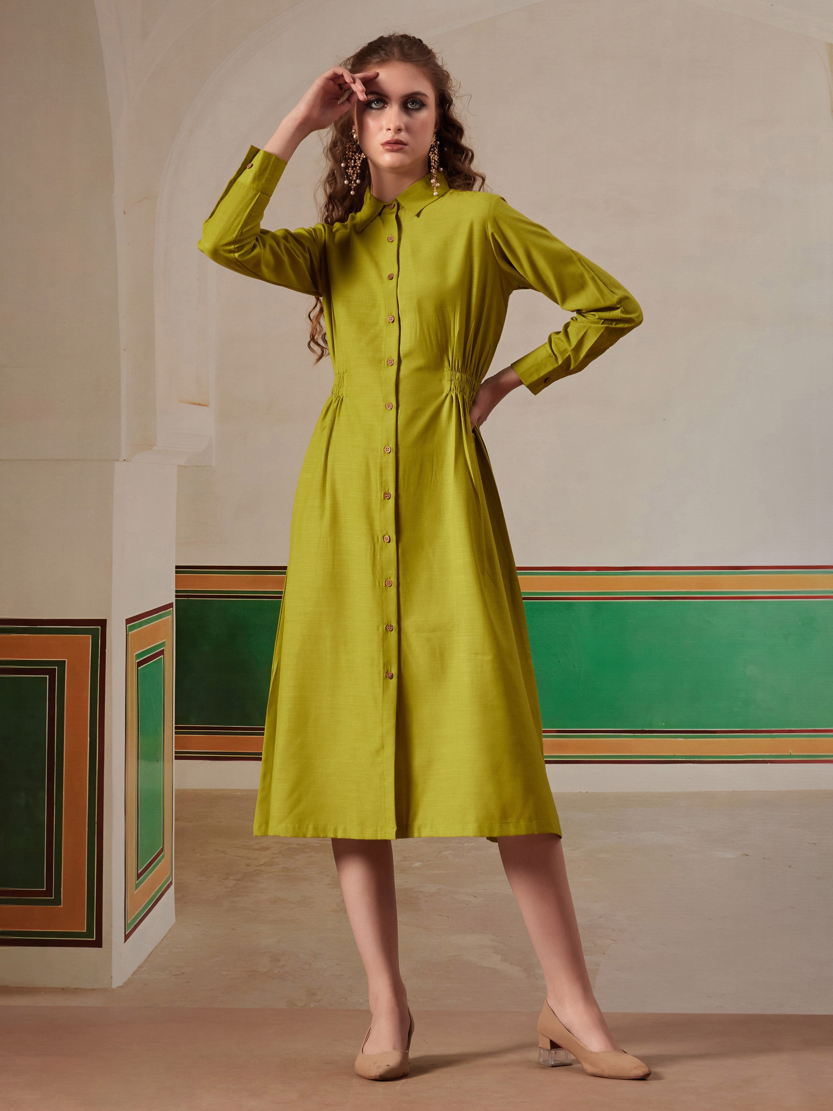 women shirt dress with figure enhancing waist