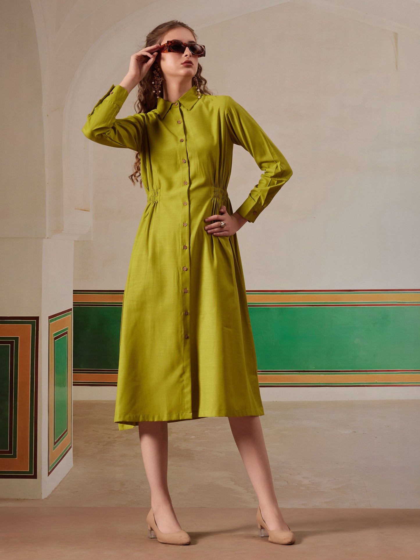 women shirt dress with figure enhancing waist