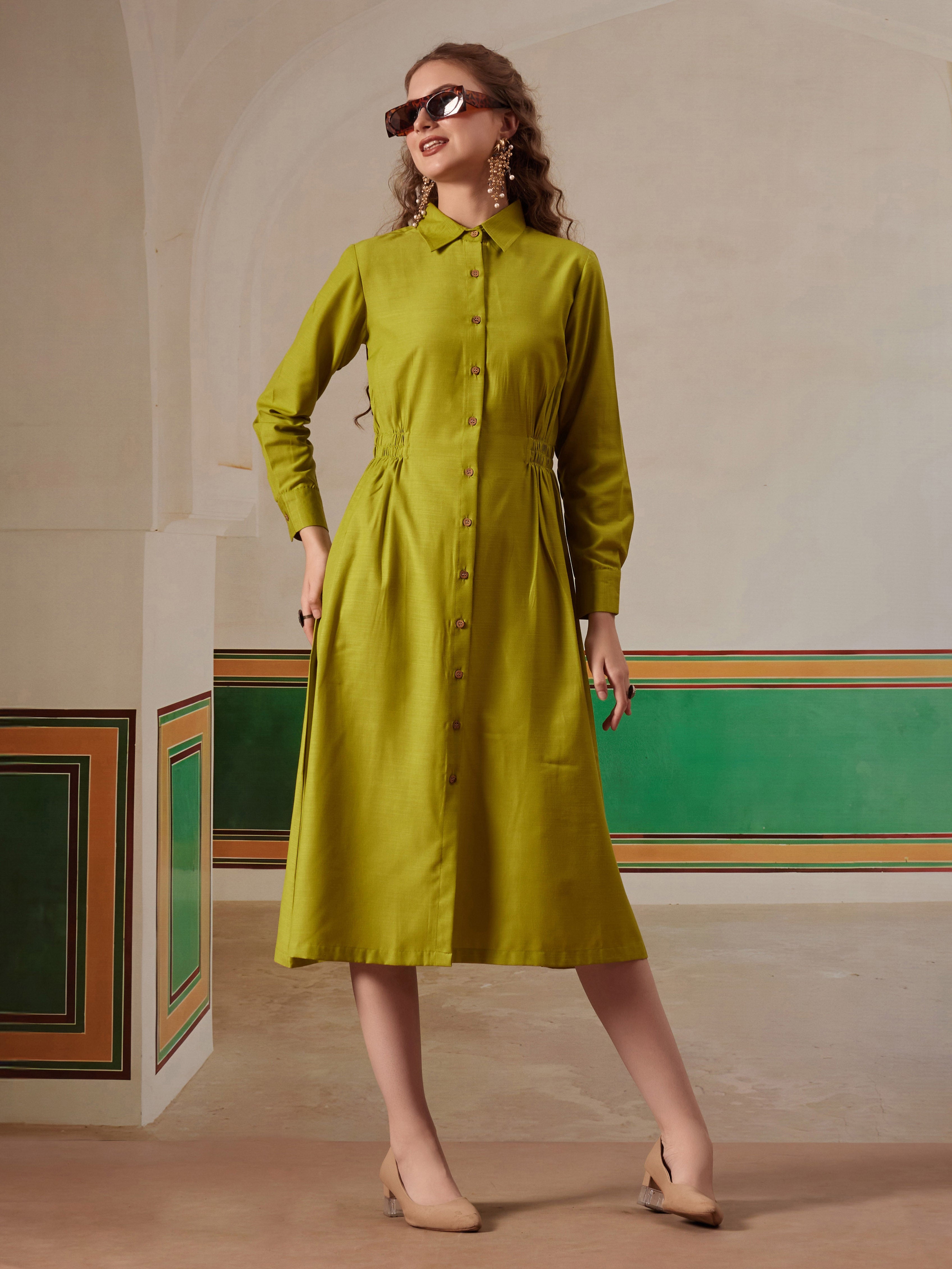 women shirt dress with figure enhancing waist