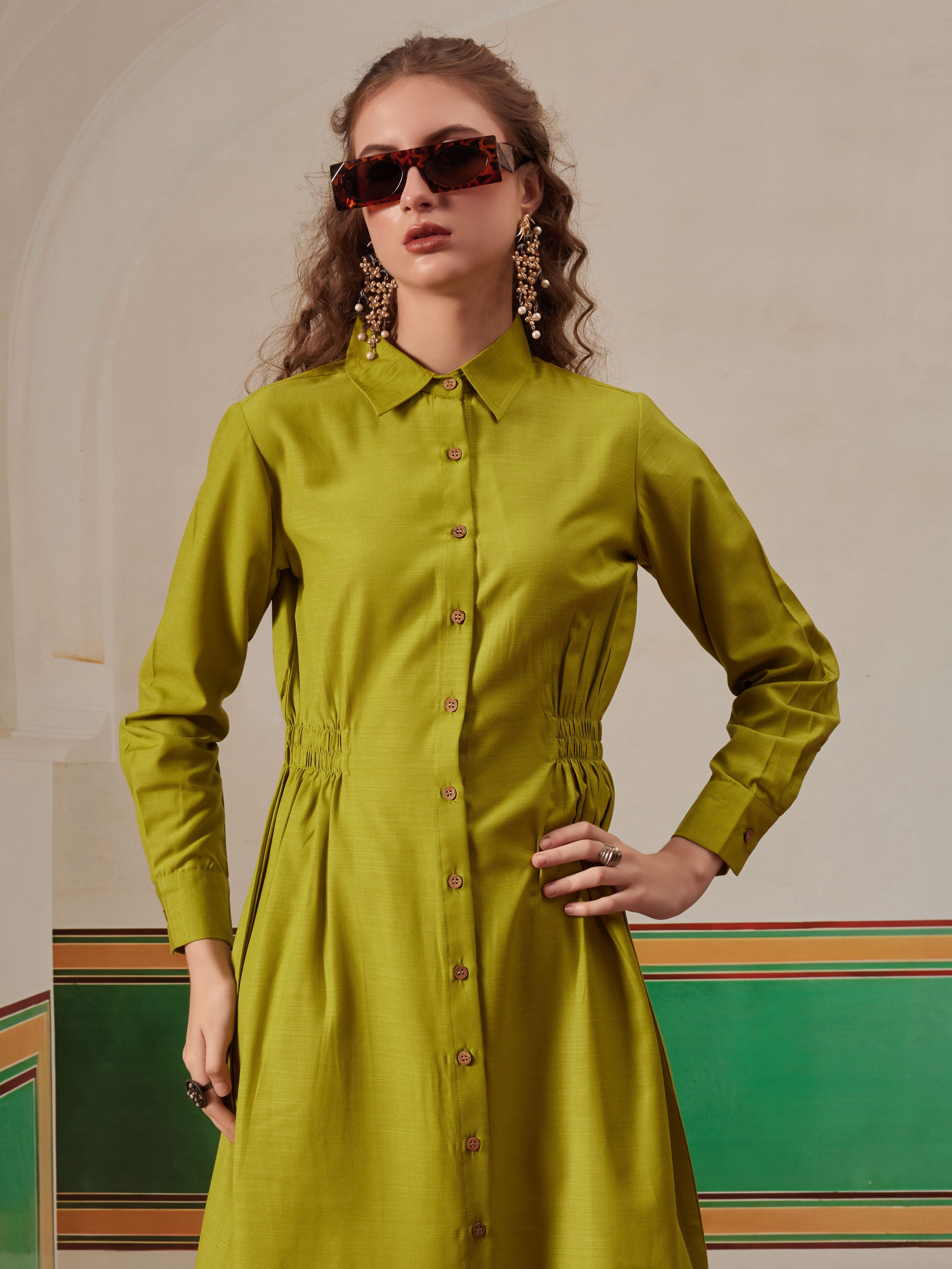 women shirt dress with figure enhancing waist