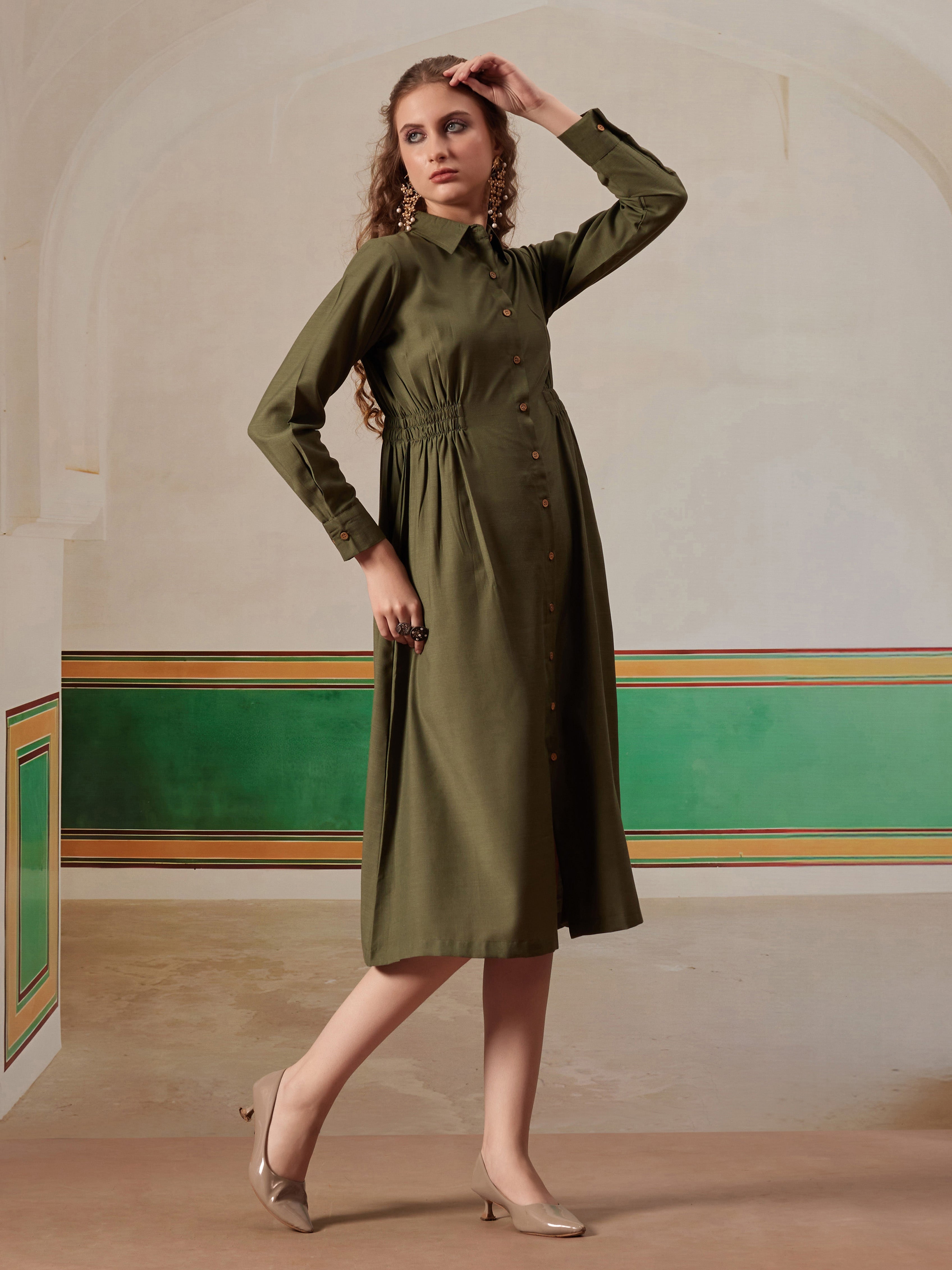 women shirt dress with figure enhancing waist