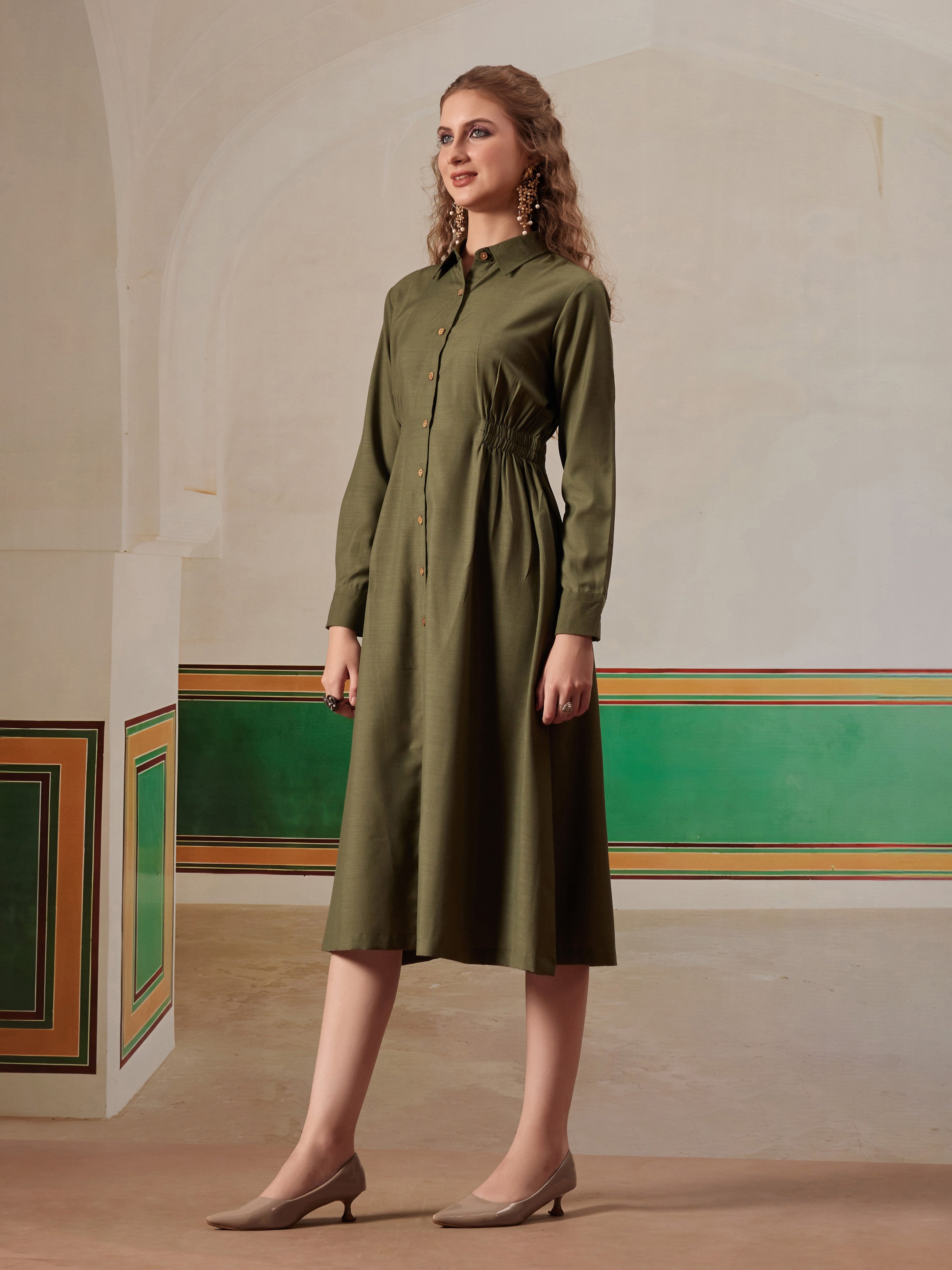 women shirt dress with figure enhancing waist