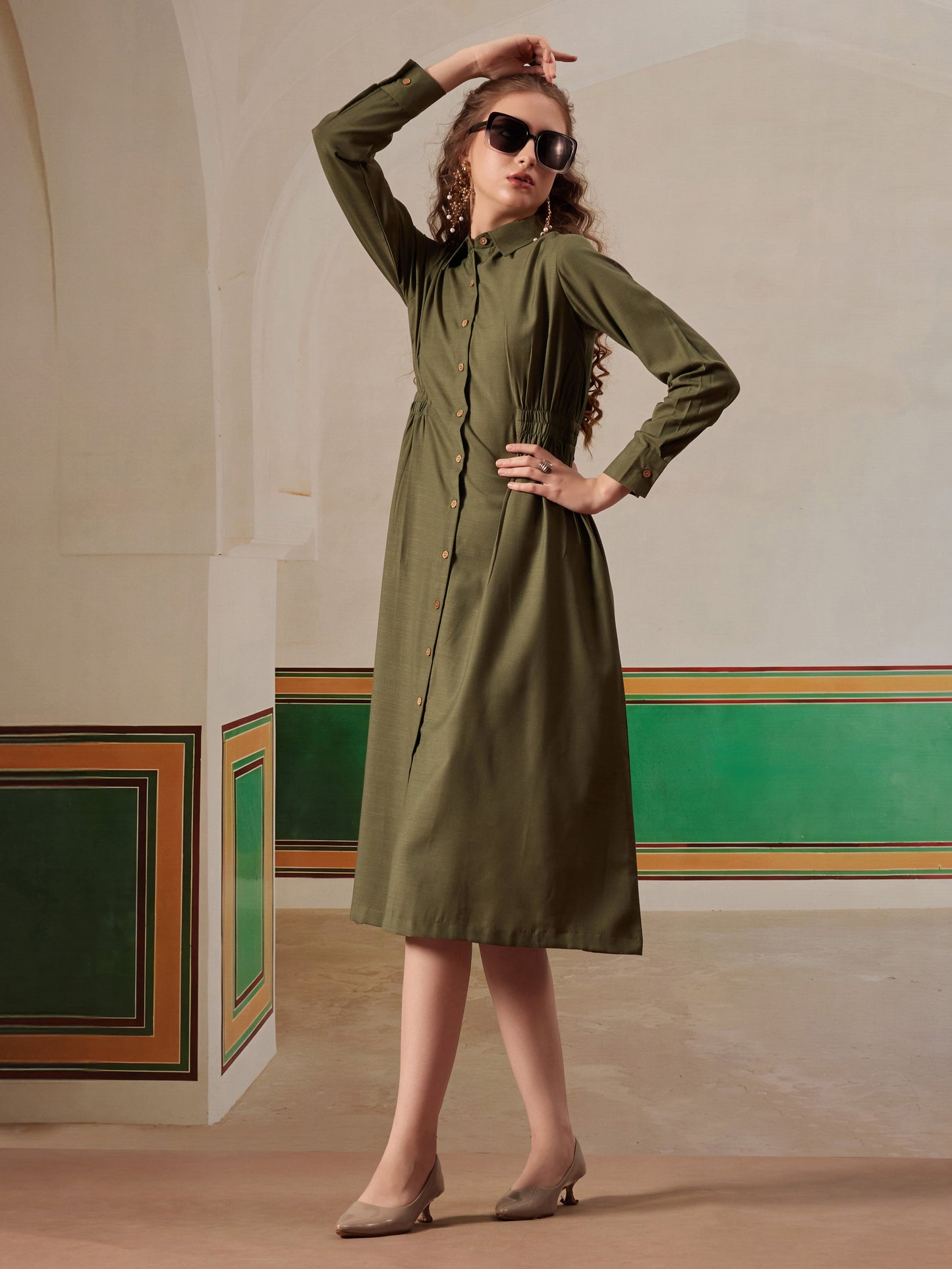 women shirt dress with figure enhancing waist