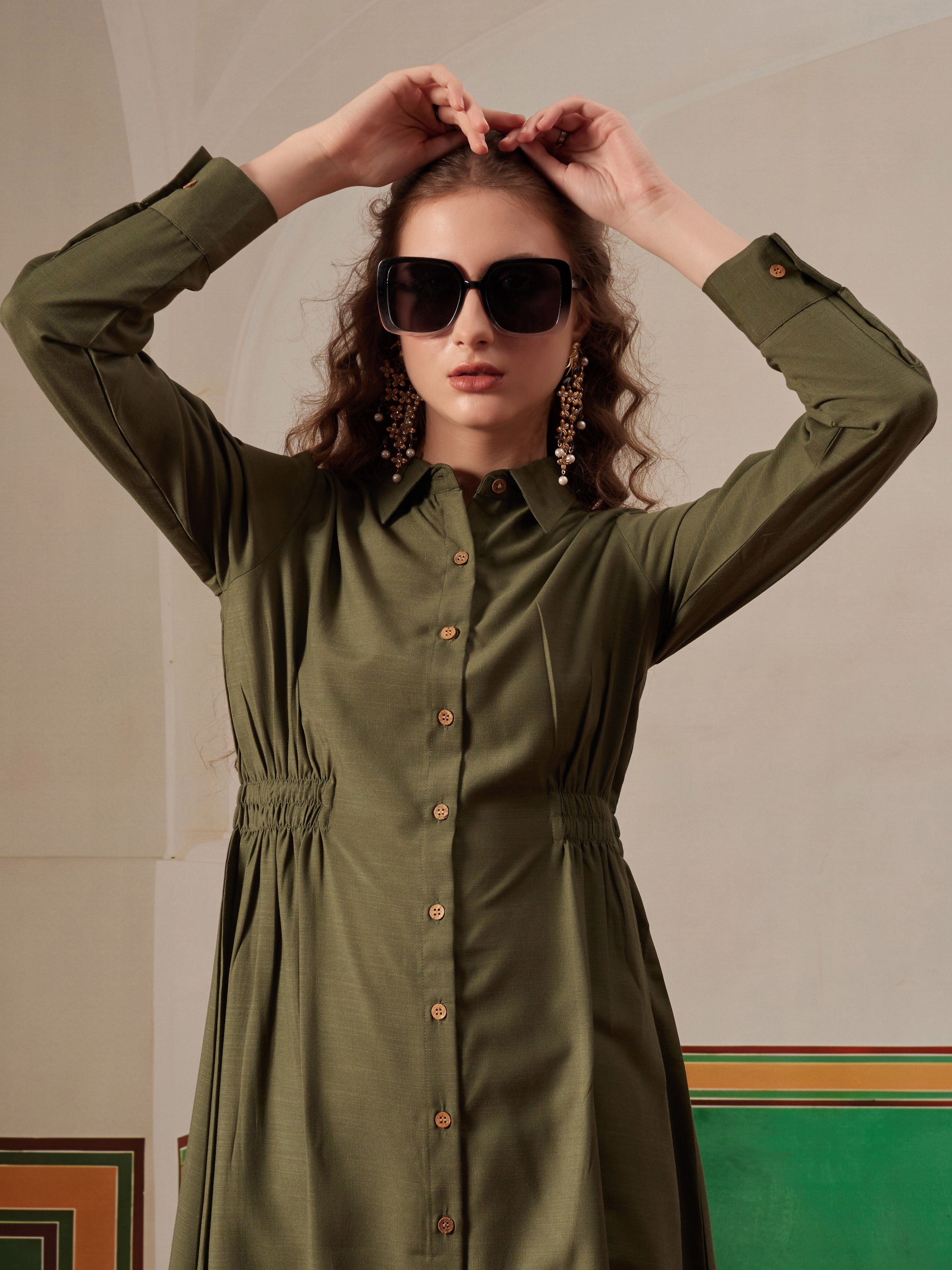 women shirt dress with figure enhancing waist