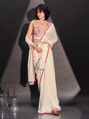 Cream solid georgette saree with embroidered blouse & belt