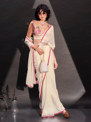 Cream solid georgette saree with embroidered blouse & belt