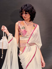 Cream solid georgette saree with embroidered blouse & belt