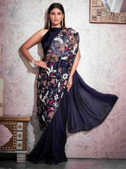 Blue colored designer saree with heavy embroidery on shoulder portion