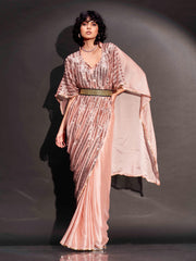 Peach colored designer sequinned kaftan saree with belt and embellished border