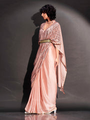 Peach colored designer sequinned kaftan saree with belt and embellished border