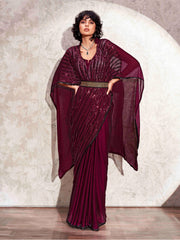 Magenta colored designer sequinned kaftan saree with belt and embellished border