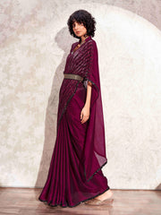 Magenta colored designer sequinned kaftan saree with belt and embellished border