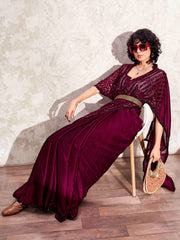 Magenta colored designer sequinned kaftan saree with belt and embellished border