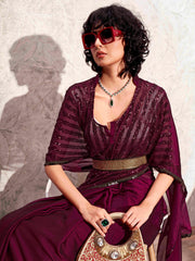 Magenta colored designer sequinned kaftan saree with belt and embellished border