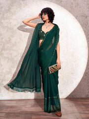 Bottle green colored satin saree with woven border and tassels on pallu with jacquard blouse