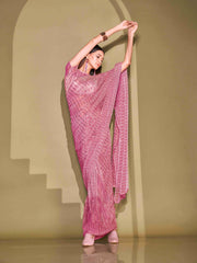 Tikhi Imli - Ready To Wear Pink Lycra Foil Saree with Unstitched Blouse