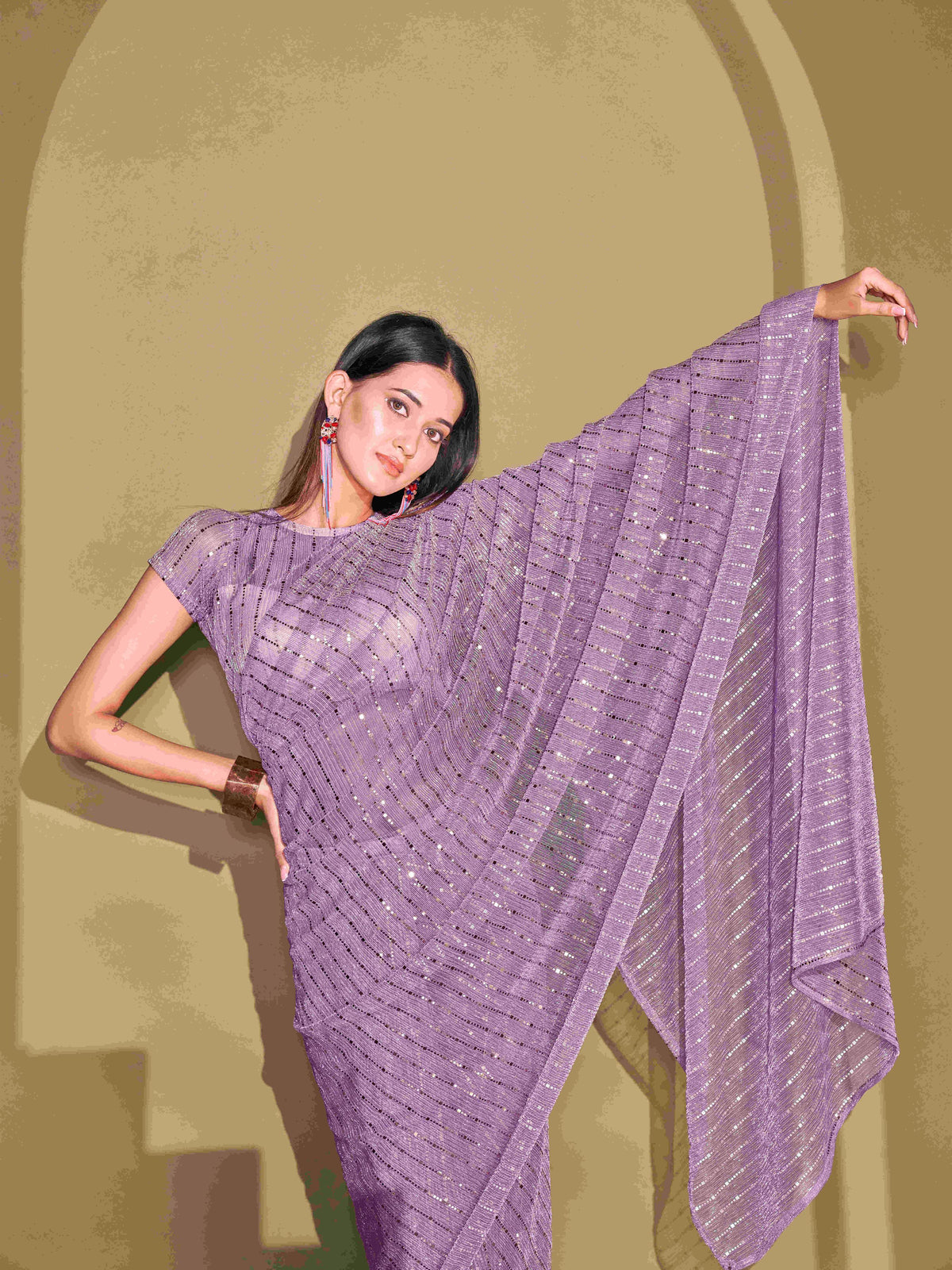 Tikhi Imli - Ready To Wear Lavender Lycra Foil Saree with Unstitched Blouse