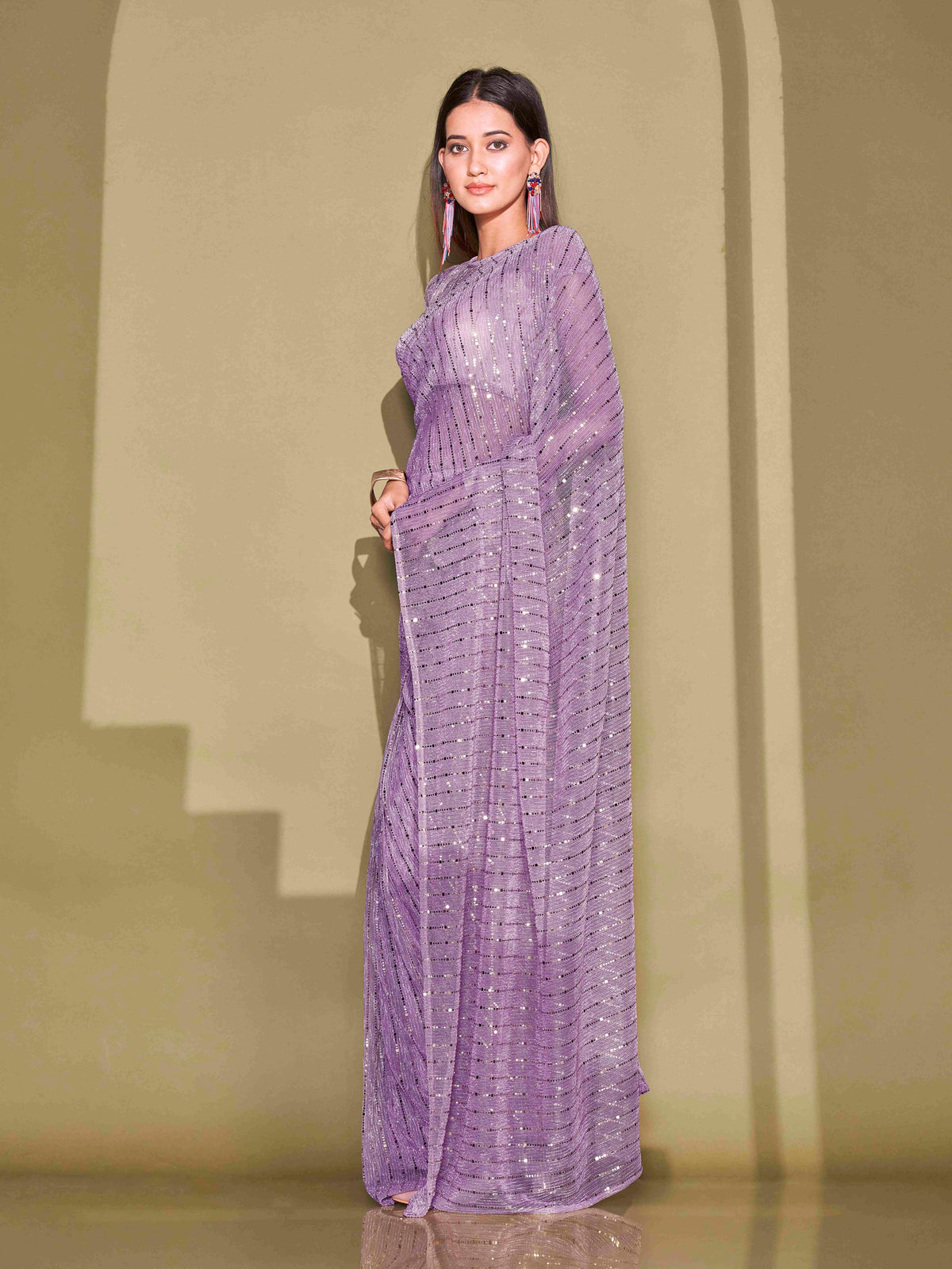 Tikhi Imli - Ready To Wear Lavender Lycra Foil Saree with Unstitched Blouse