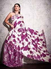 Tikhi Imli - Two ways wearable cream and violet colored digital printed floral satin saree with tassles