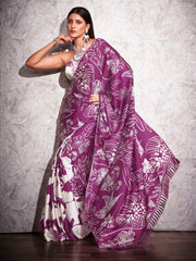 Tikhi Imli - Two ways wearable cream and violet colored digital printed floral satin saree with tassles