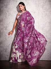 Tikhi Imli - Two ways wearable cream and violet colored digital printed floral satin saree with tassles
