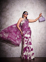 Tikhi Imli - Two ways wearable cream and violet colored digital printed floral satin saree with tassles