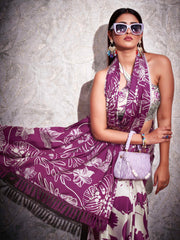 Tikhi Imli - Two ways wearable cream and violet colored digital printed floral satin saree with tassles