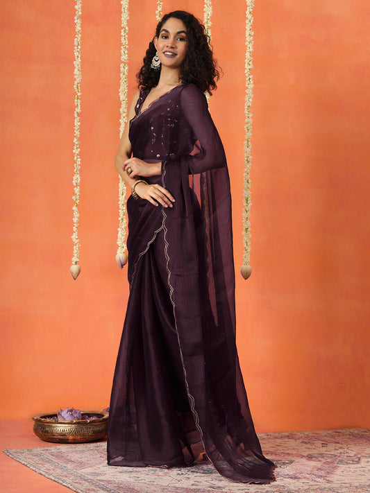 Violet colored satin chiffon saree with embroiderd blouse and scalloped border