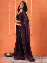 Violet colored satin chiffon saree with embroiderd blouse and scalloped border