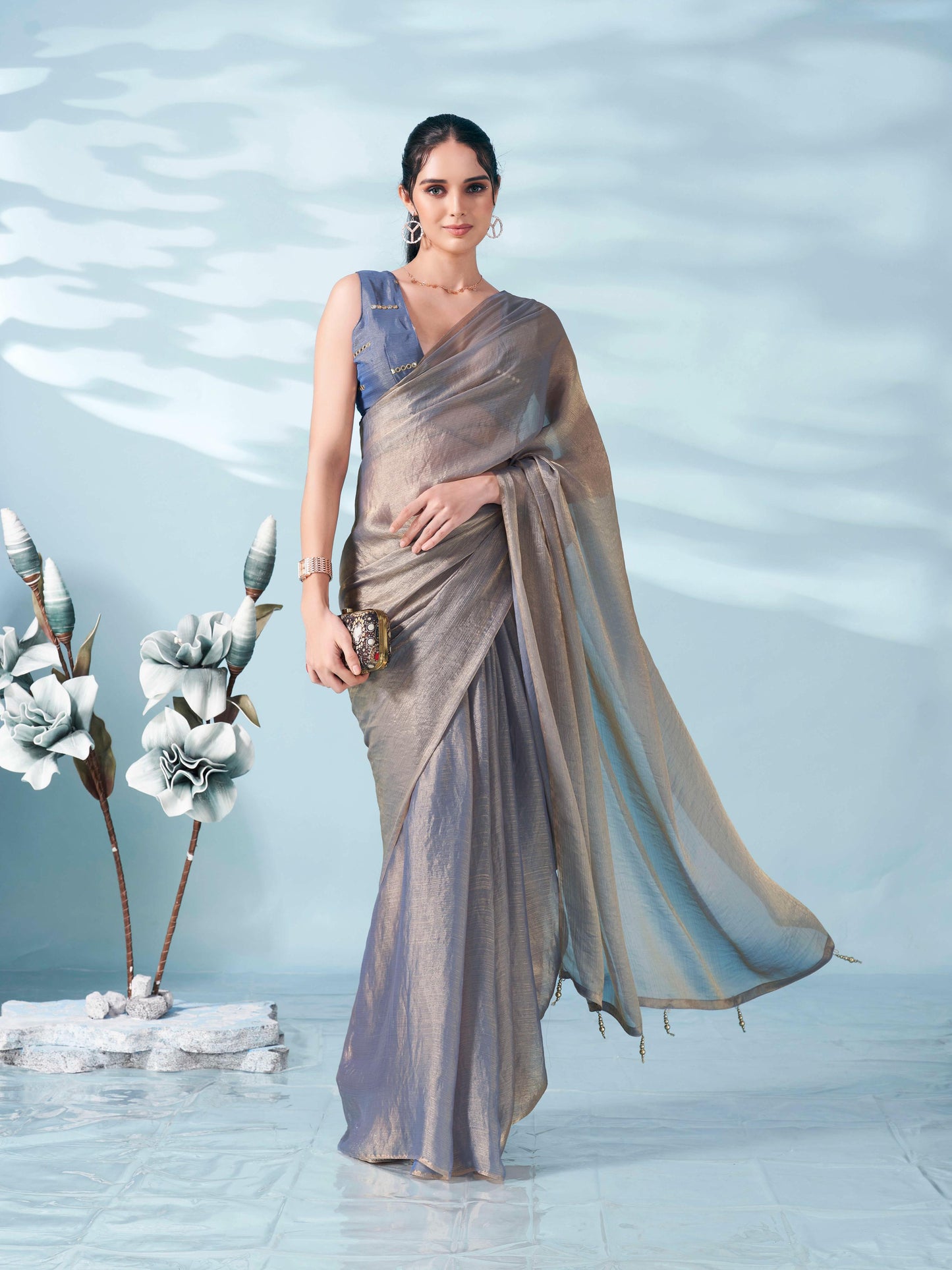 Tikhi Imli - Blue & copper colored two tone chiffon saree with faux mirror embroidered blouse