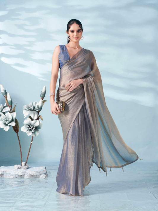 Tikhi Imli - Blue & copper colored two tone chiffon saree with faux mirror embroidered blouse