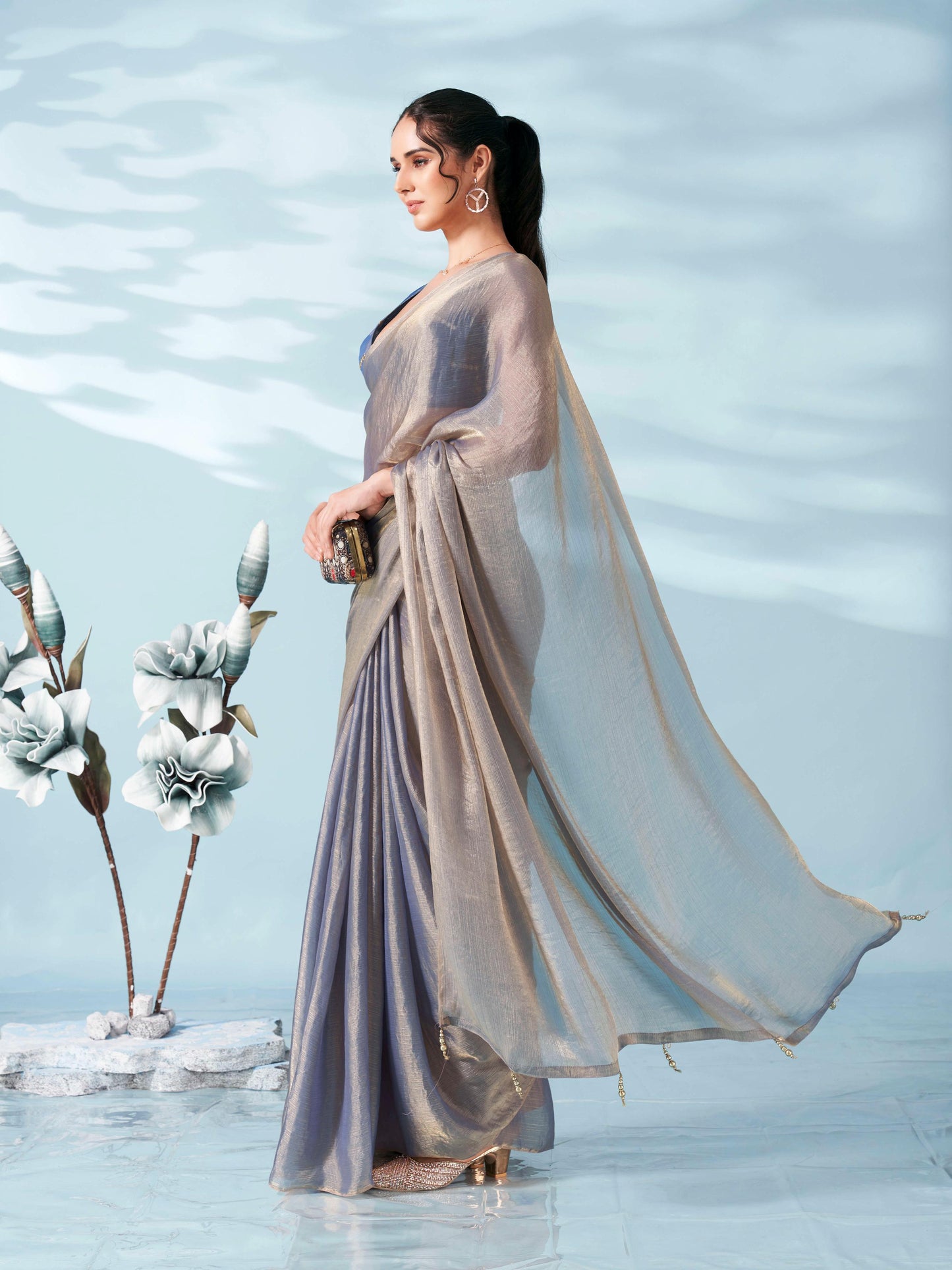 Tikhi Imli - Blue & copper colored two tone chiffon saree with faux mirror embroidered blouse