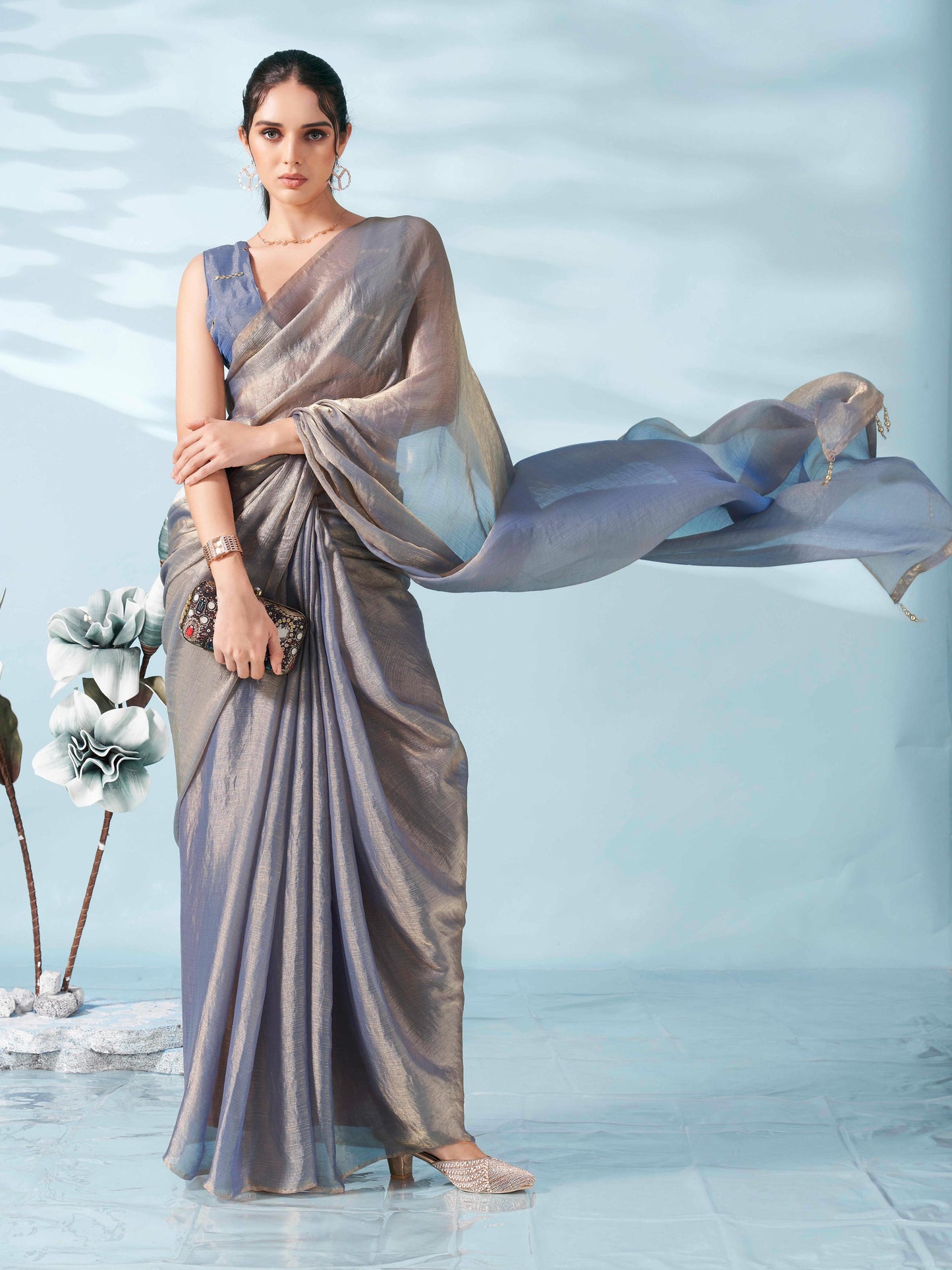 Tikhi Imli - Blue & copper colored two tone chiffon saree with faux mirror embroidered blouse