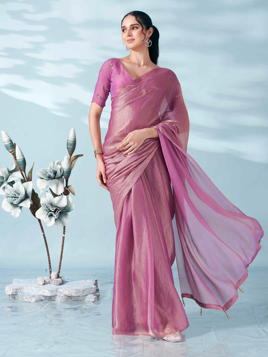 Pink & gold colored two tone chiffon saree with faux mirror embroidered blouse