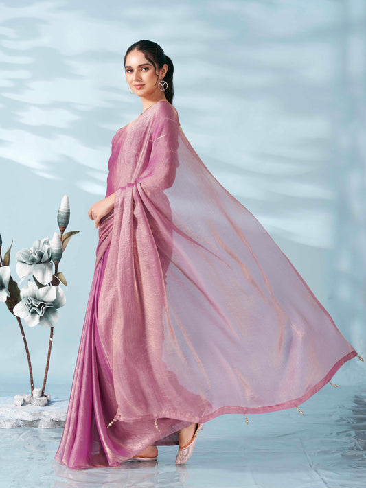 Pink & gold colored two tone chiffon saree with faux mirror embroidered blouse