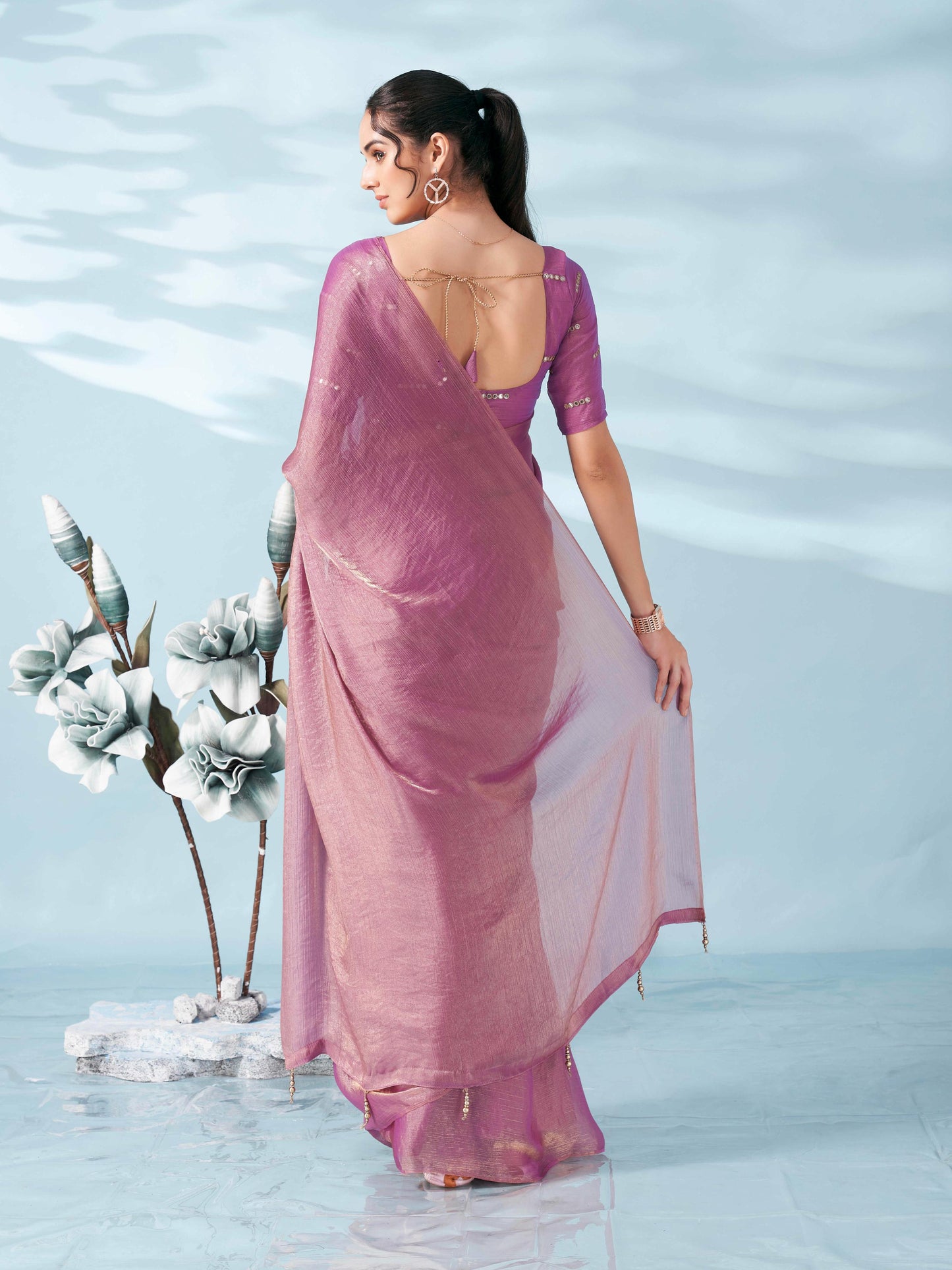 Tikhi Imli - Blue & copper colored two tone chiffon saree with faux mirror embroidered blouse