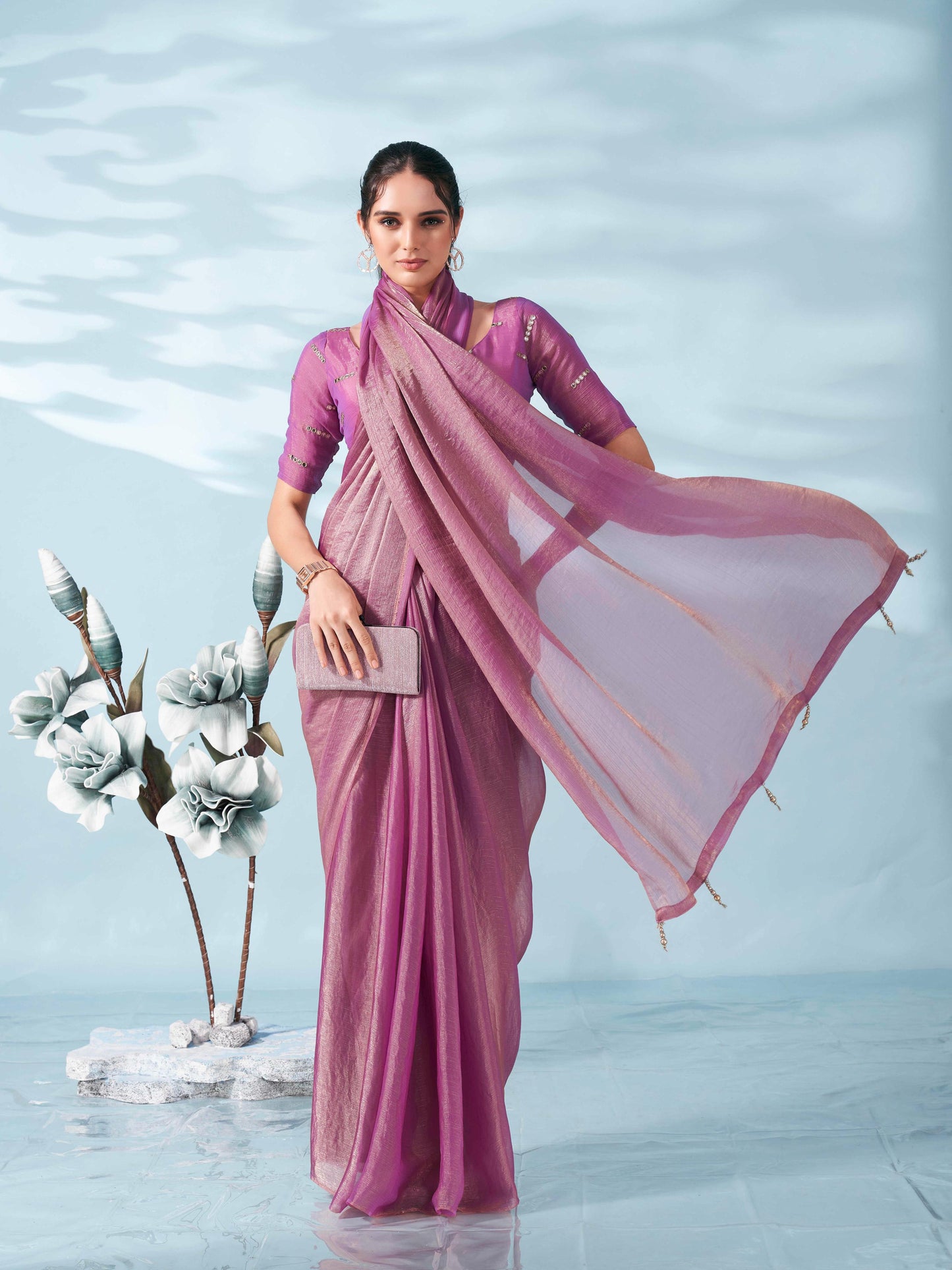 Tikhi Imli - Blue & copper colored two tone chiffon saree with faux mirror embroidered blouse