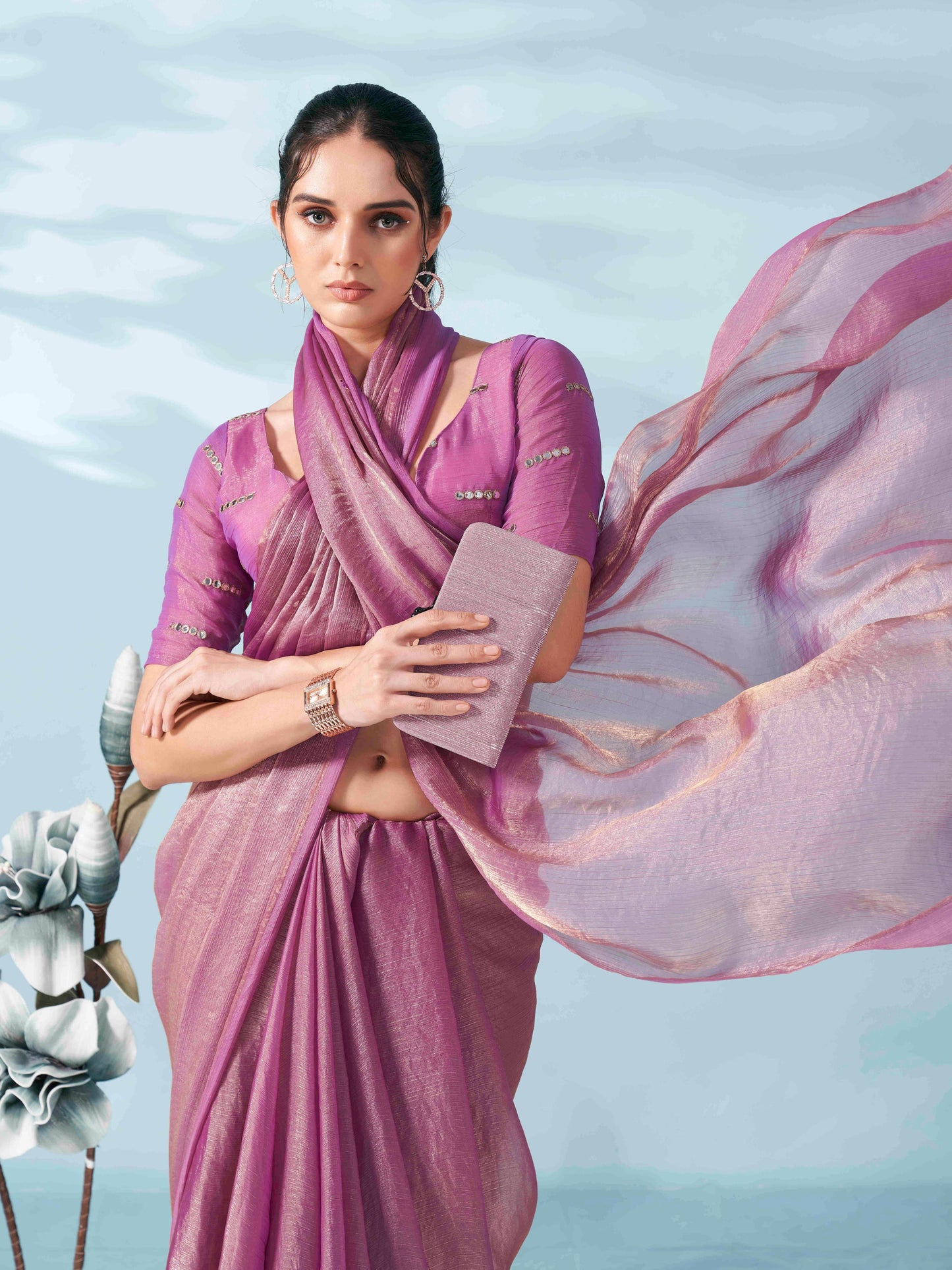 Tikhi Imli - Blue & copper colored two tone chiffon saree with faux mirror embroidered blouse