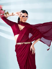 Tikhi Imli - Maroon colored zari weaving satin saree with sequinned belt