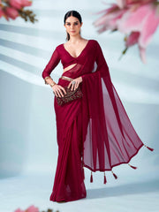Tikhi Imli - Maroon colored zari weaving satin saree with sequinned belt