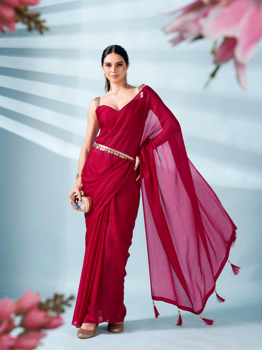 Pink colored zari weaving satin saree with sequinned belt
