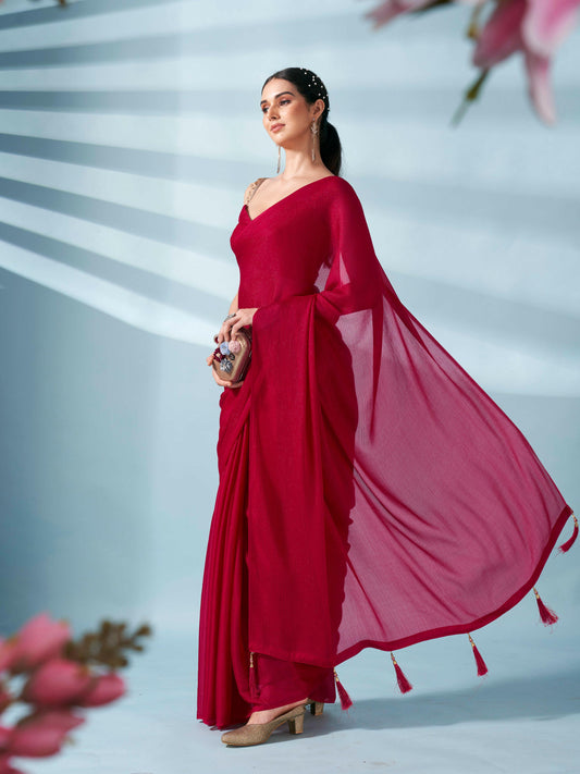 Pink colored zari weaving satin saree with sequinned belt